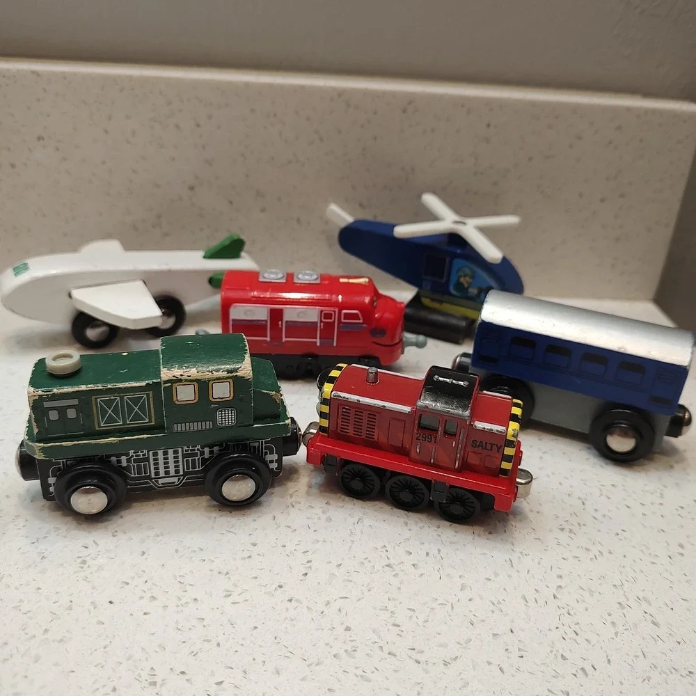 Wooden/Metal Train Vintage Mixed Lot 6 Vehicle Plane Helicopter Salty Wilson
